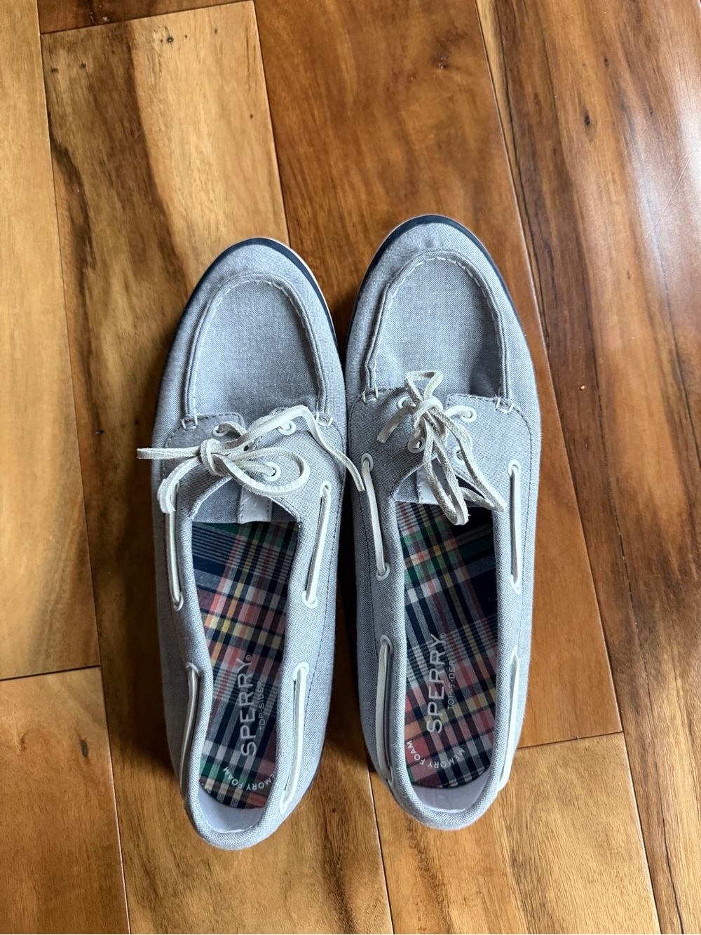 Sperry women’s Light Gray Canvas Plaid-Lined Boat Shoes